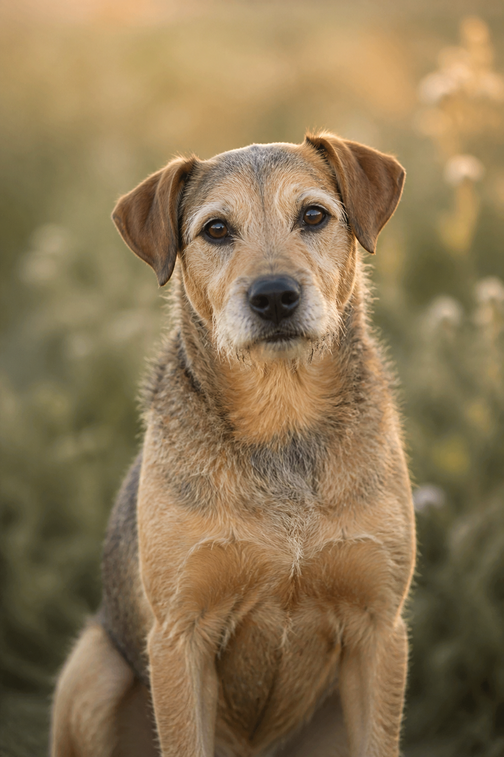 Small warm-eyed, sandy and gray terrier mix sitting outdoors